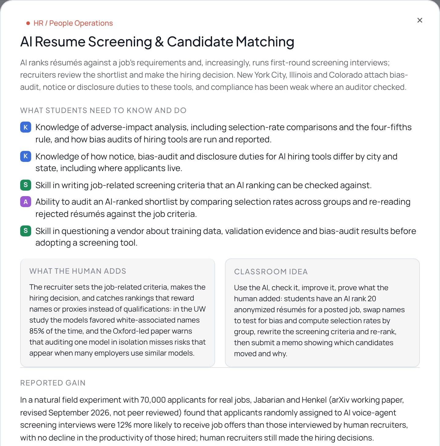 Details for one use case: what the human adds, a classroom idea, and sources with quotes